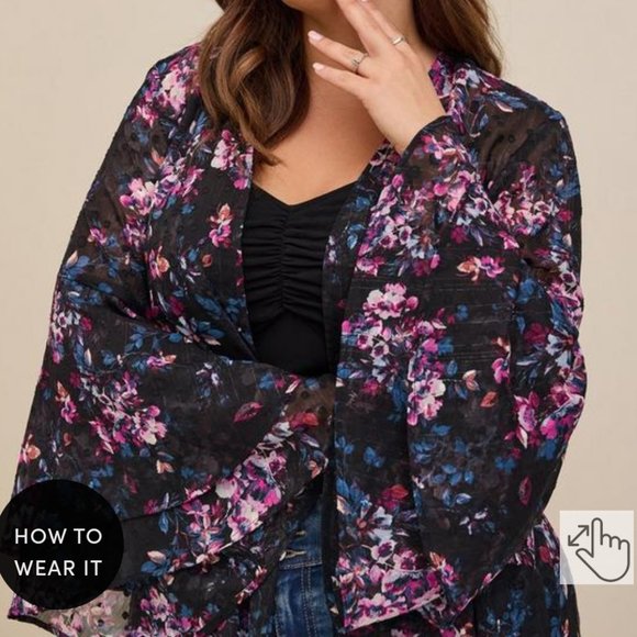 Worn Once--Black Floral Dotted Trench Duster Open-Tunic/Cardigan - Picture 7 of 15